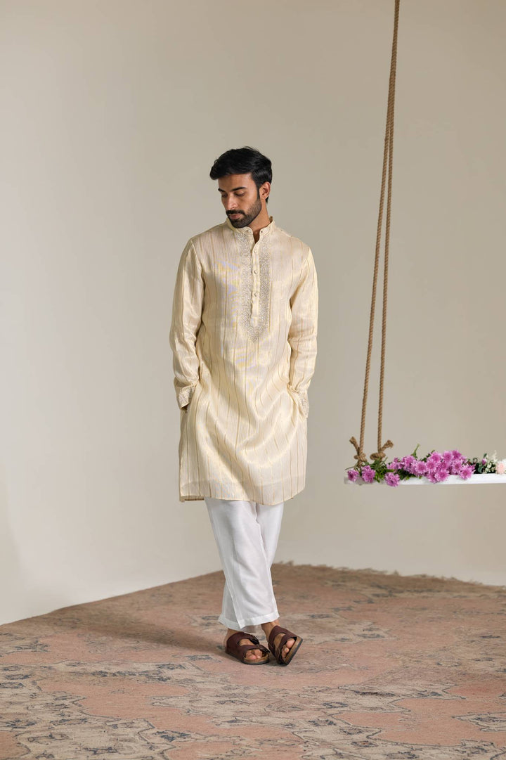 Golden Floral Stripe Embroidered Kurta with Narrow Pants