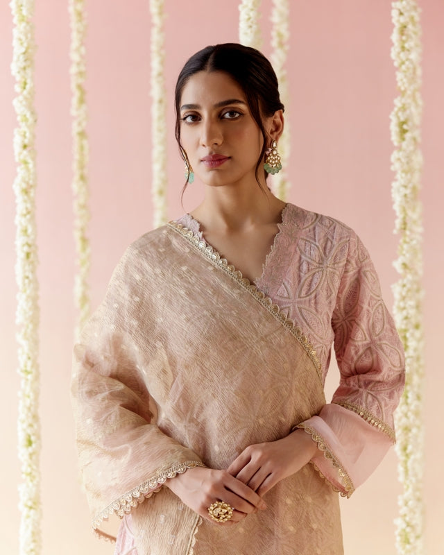 Daisy Pink Zari Kurta with Narrow Pants & Dupatta set - Set of 3