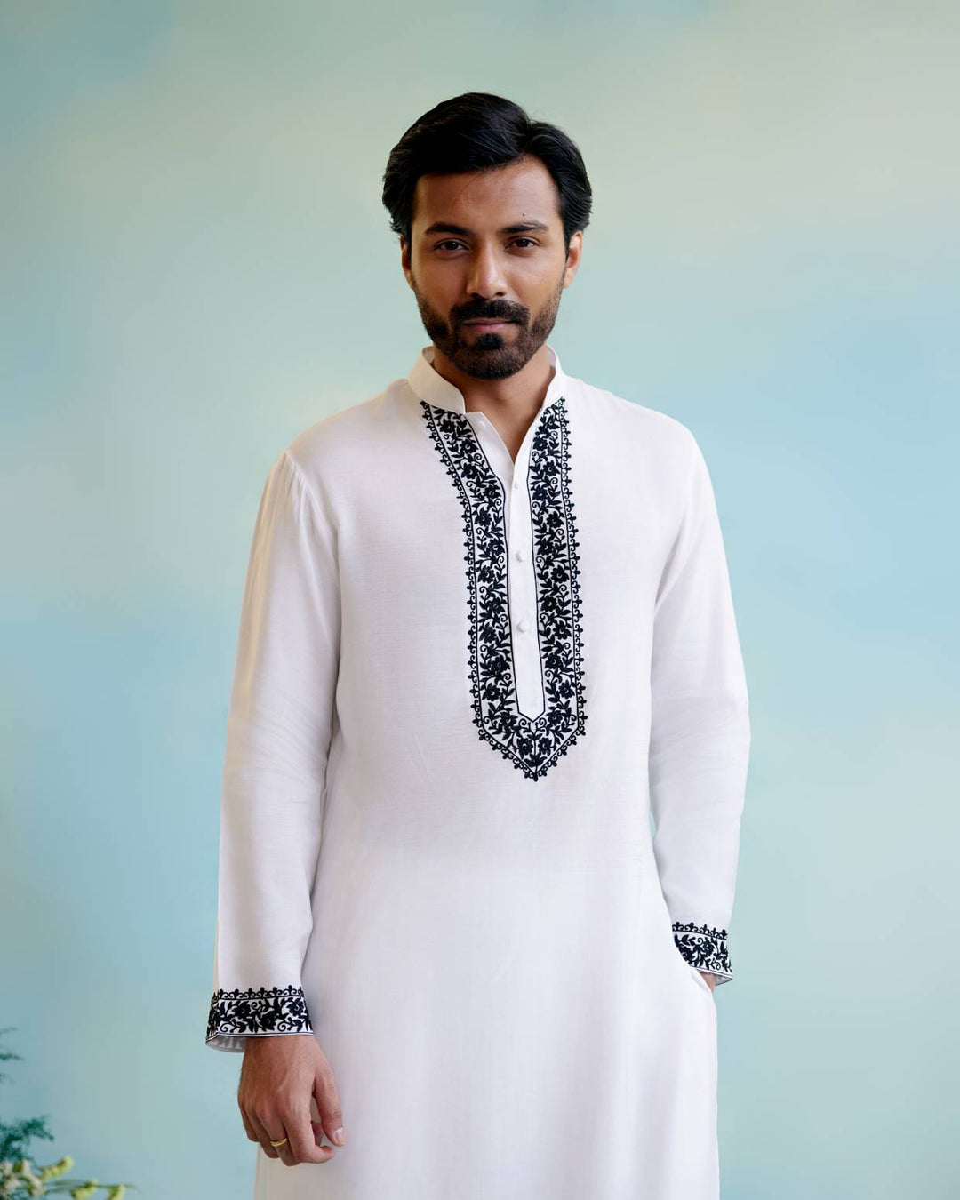 mens white embroidered kurta