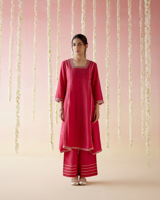 Hibiscus Pink Kurta with Straight Leg Pants - Set of 2