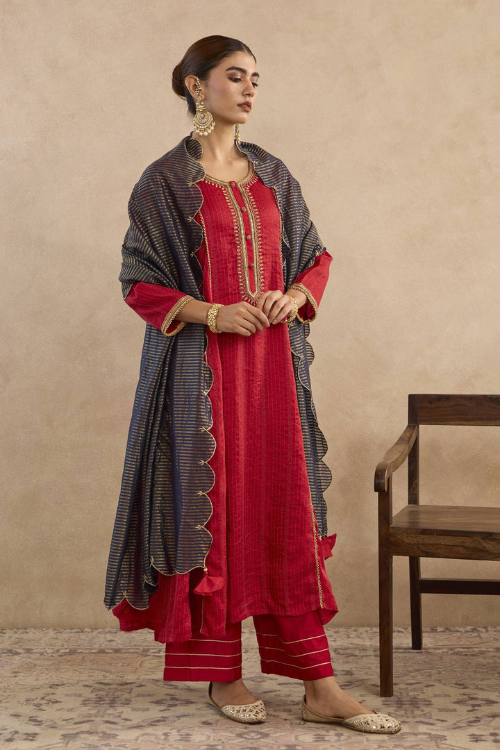 Regal Red Embroidered Anarakali with Flared Pants and Dupatta - Set of 3