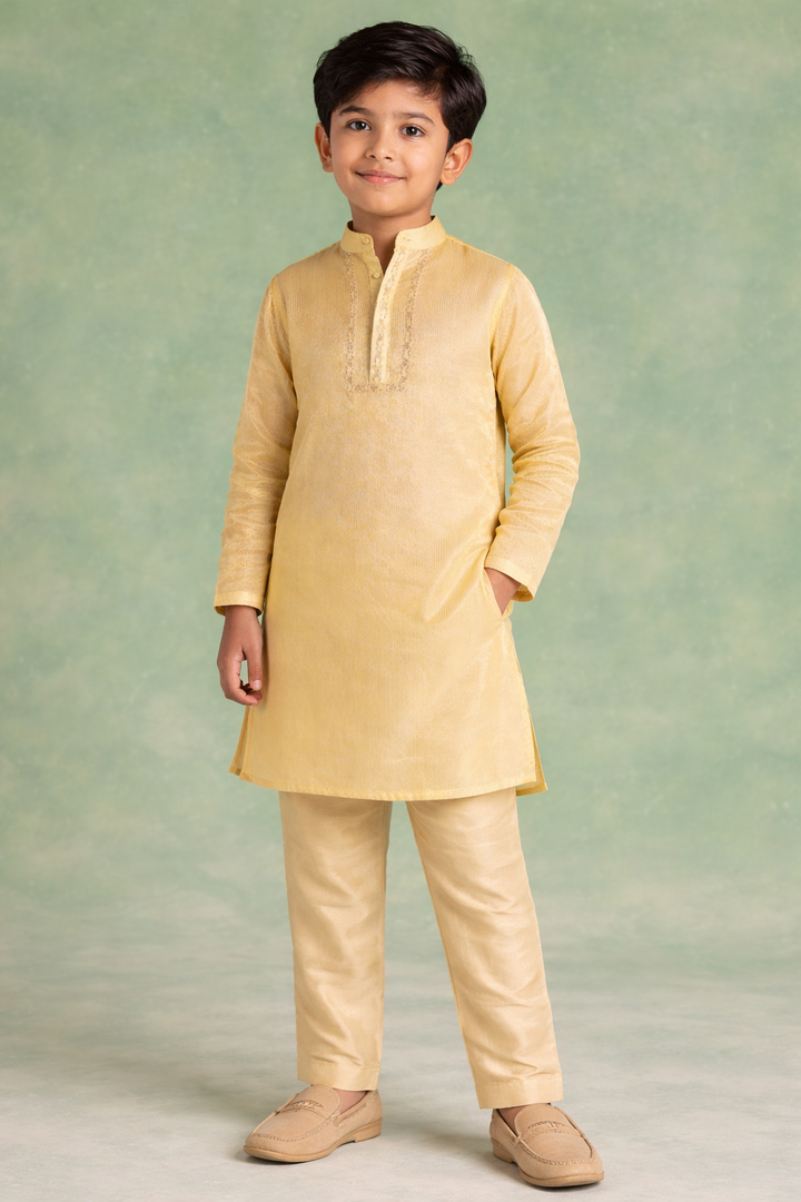 Boys Yellow Gold Stripe Embroidered Kurta Set