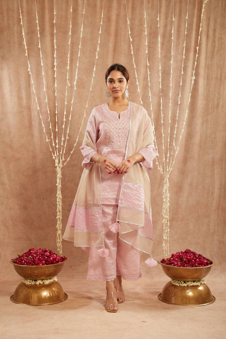 Pink Moroccan Dori Kurta with Flared Pants and Dupatta - Set of 3