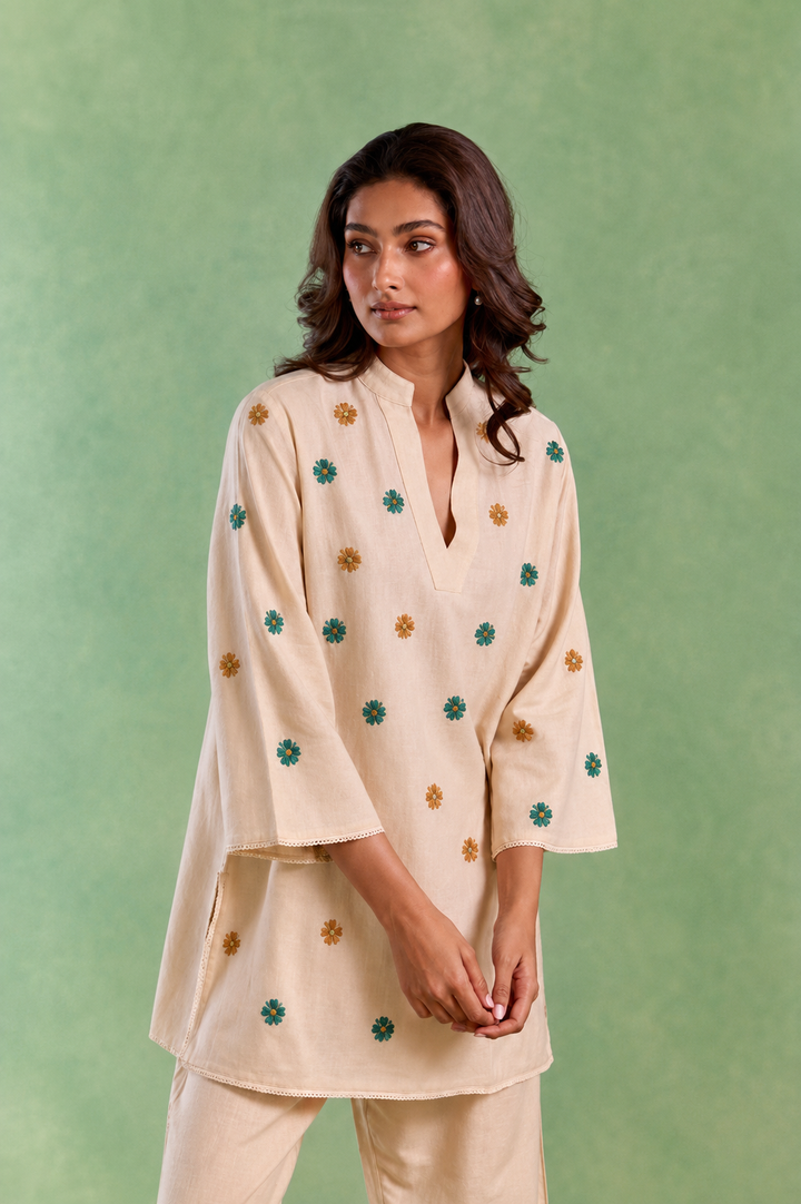 Ivory Flora Embroidered Handloom Cotton Co-ord Set