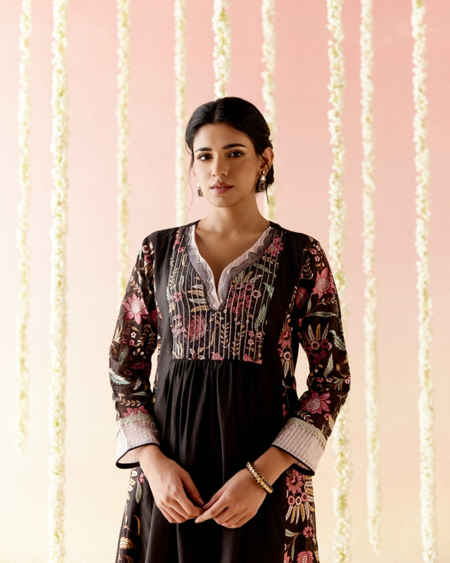 Black Tulip Embroidered Kurta with Wide Leg Pants & Dupatta - Set of 3