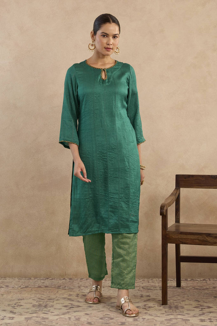 Emerald Rose Charm Silk Chanderi Kurta with Narrow Pants - Set of 2