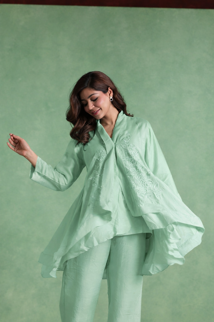 Mint Charm Embroidered Chanderi Kurta with Straight Pants and Slip - Set of 3