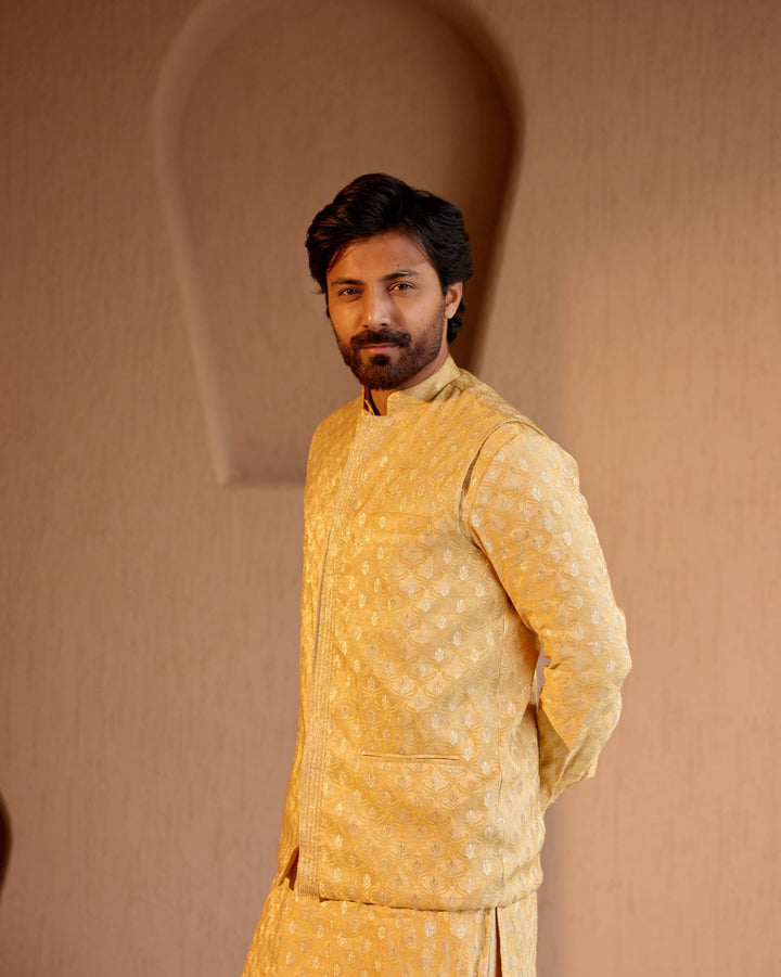 Golden Brocade Nehru Jacket with Kurta Set - Set of 3