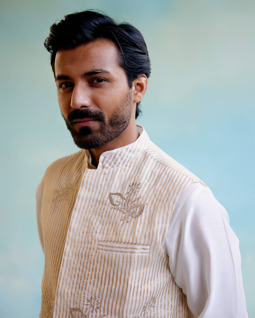 Gold Zari Stripe Tissue Nehru Jacket