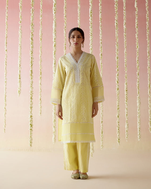 Yellow Pearl Long Kurta with Narrow Pants- Set of 2