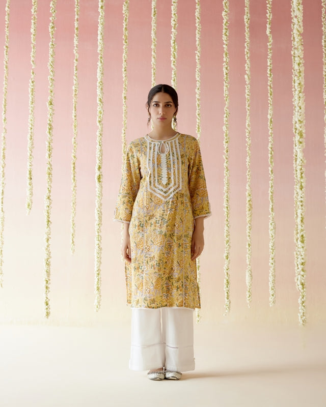 Sunflower Yellow Floral Chintz Kurta with Wide Leg Pants - Set of 2