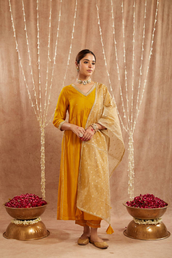 Golden Charm Chanderi Kurta with Narrow Pants and Dupatta - Set of 3