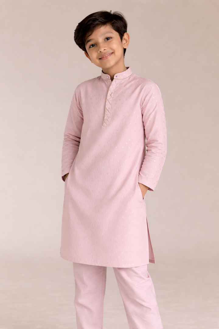 Boys Pink Buta Brocade Embroidered Kurta Set