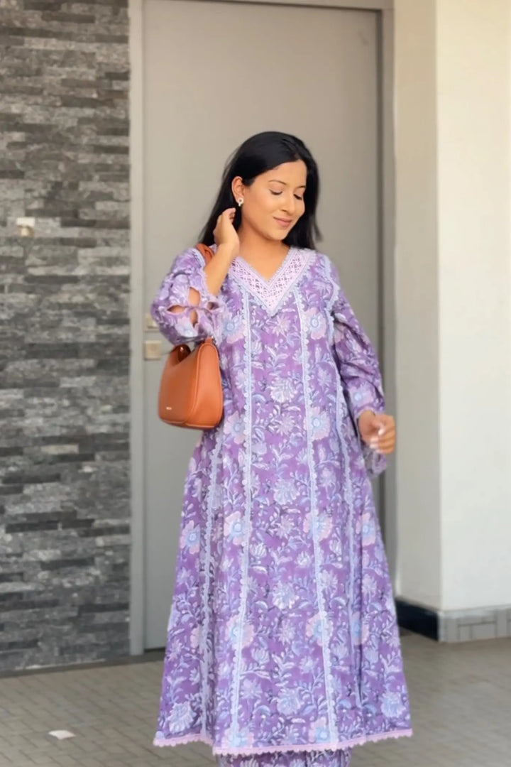 Mauve Chintz Cutwork Kurta with Wide Leg Pants - Set of 2