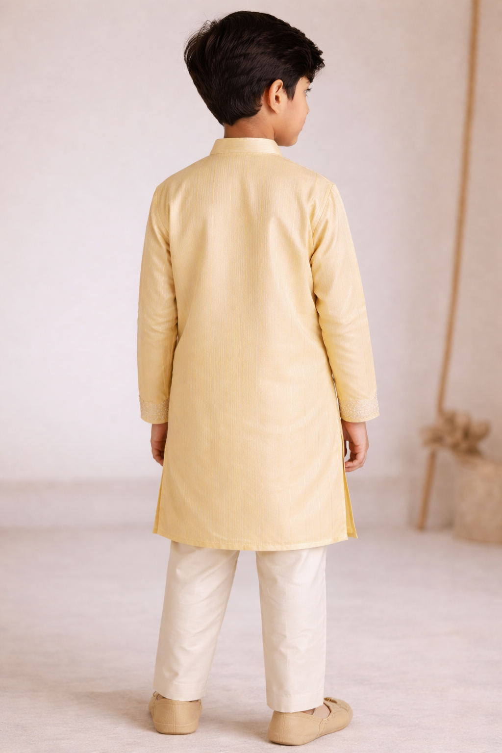 Boys Golden Floral Stripe Embroidered Kurta Set