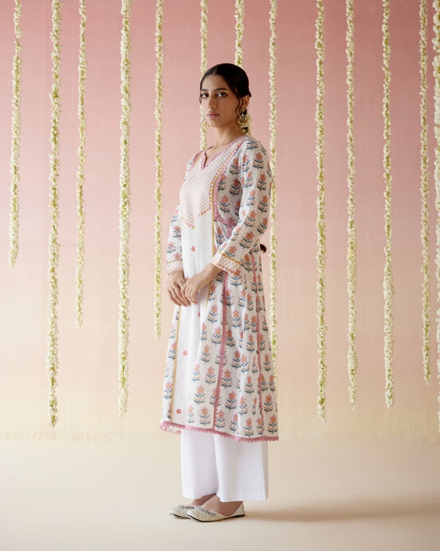 Petal Pink Yoke Anarkali Kurta with Wide Leg Pants- Set of 2