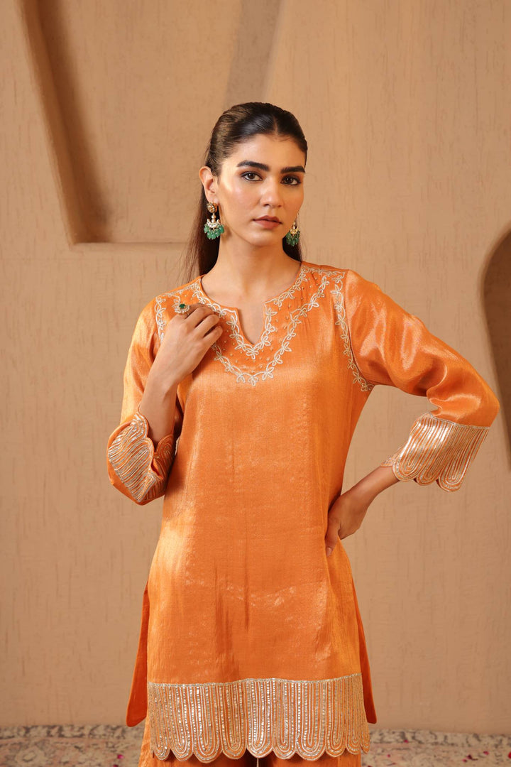 Amber Scallop Gota Tissue Kurta with Sharara and Dupatta - Set of 3