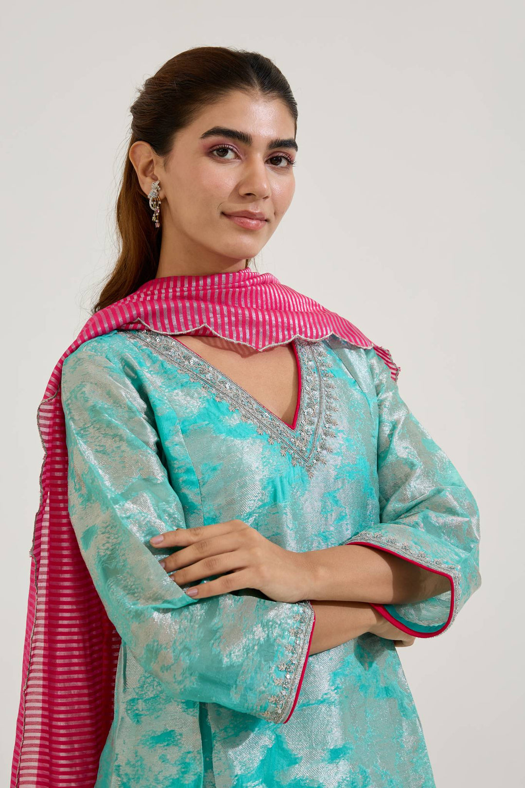 Aqua Dori Jacquard Kurta with Narrow Pants and Dupatta - Set of 3