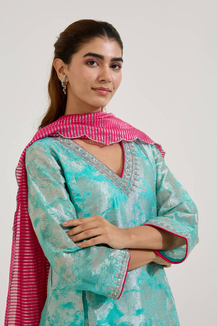 Aqua Dori Jacquard Kurta with Narrow Pants and Dupatta - Set of 3