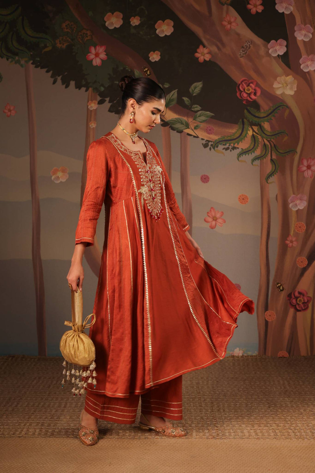 Rustic Rose Anarkali with Flared Pants- Set of 2