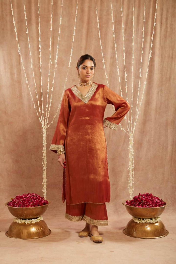 Rust Sequins Gota Tissue Kurta with  Wide Leg Pants and Dupatta - Set of 3