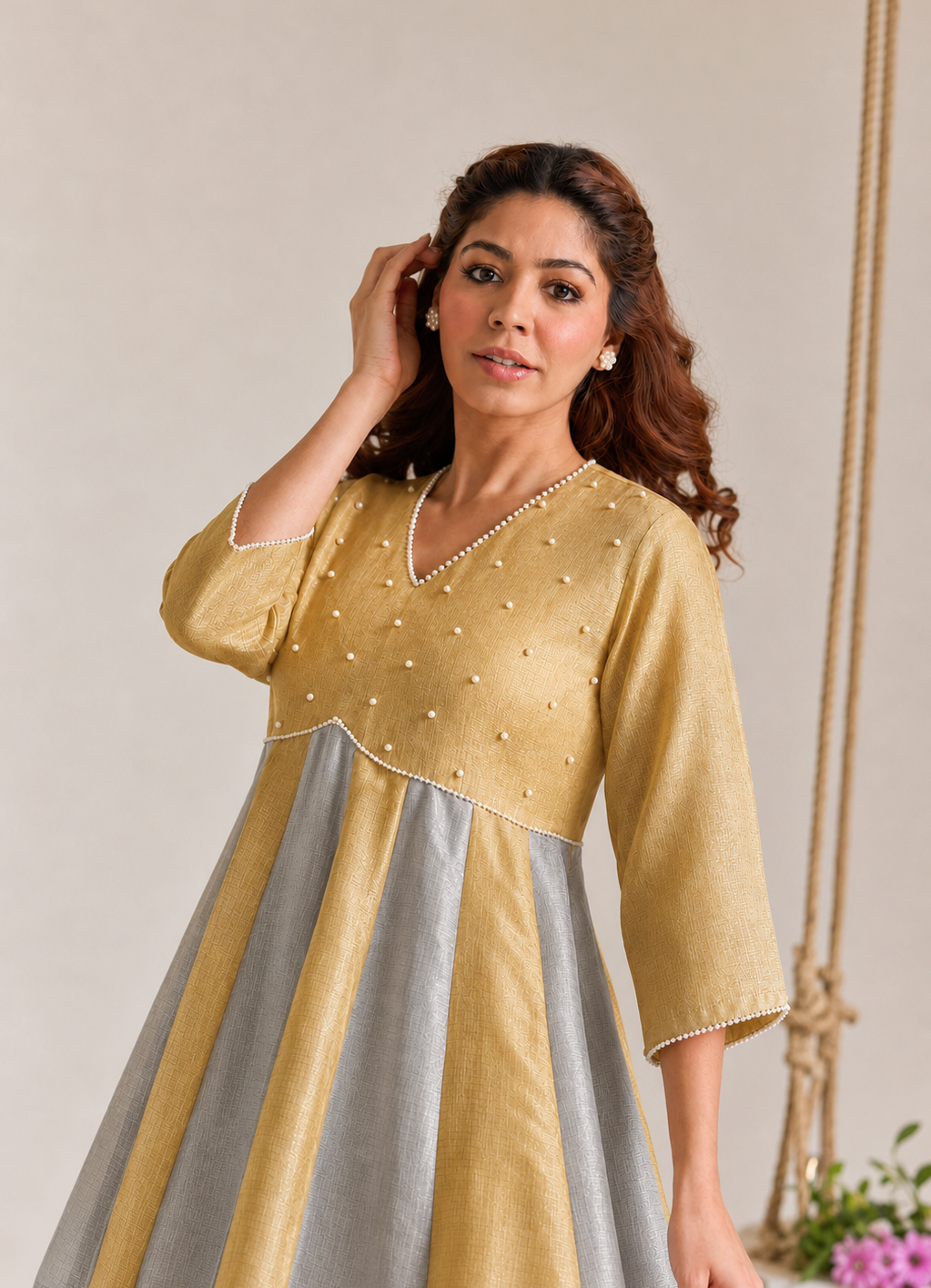 Rose Mint Dori Kota Tissue Anarkali Set - Set of 2