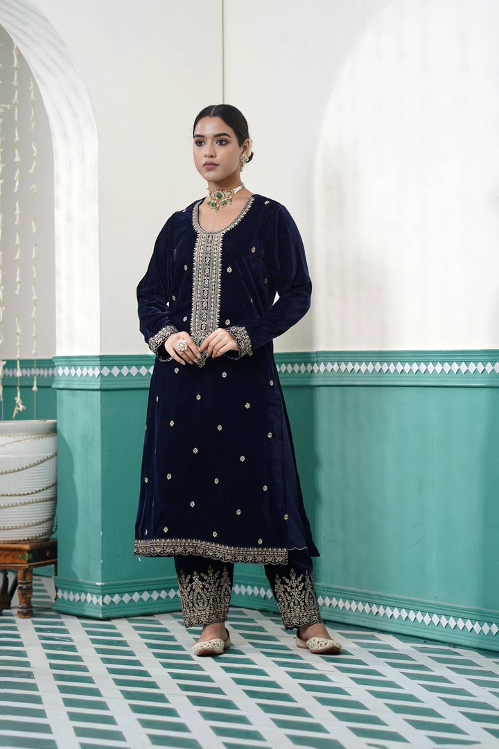 Navy Dori Velvet Kurta Set