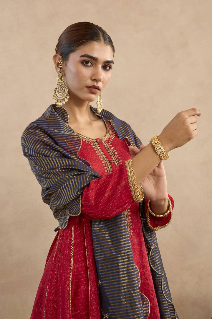 Regal Red Embroidered Anarakali with Flared Pants and Dupatta - Set of 3