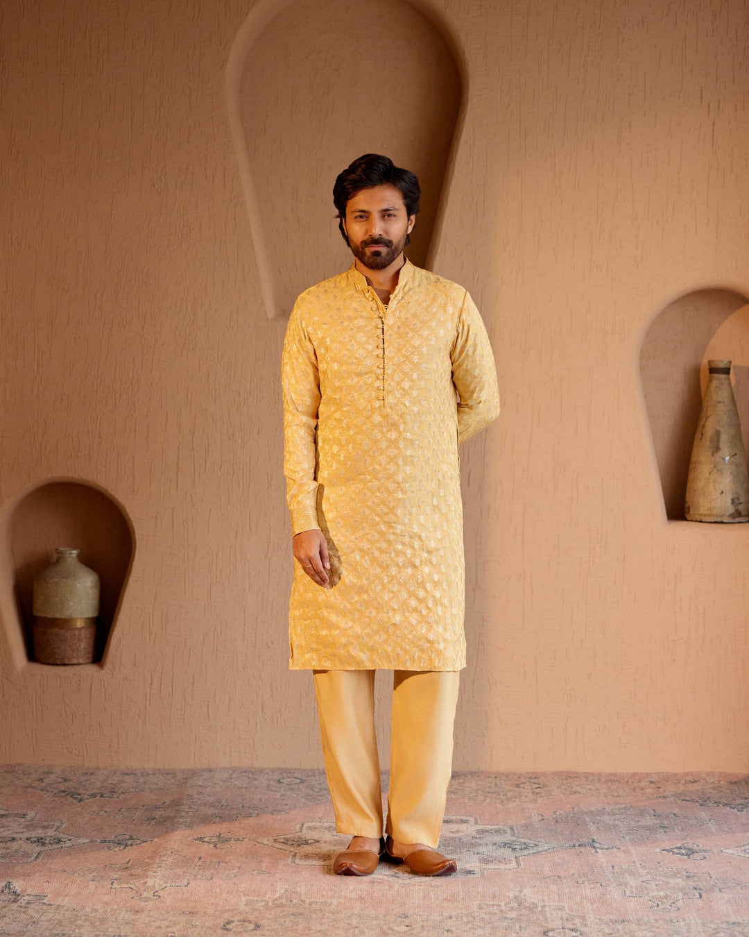 Golden Zari Brocade Kurta with Narrow Pants - Set of 2