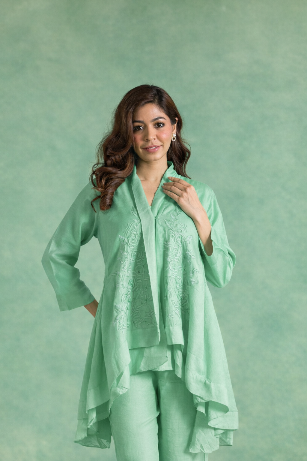 Mint Charm Embroidered Chanderi Kurta with Straight Pants and Slip - Set of 3