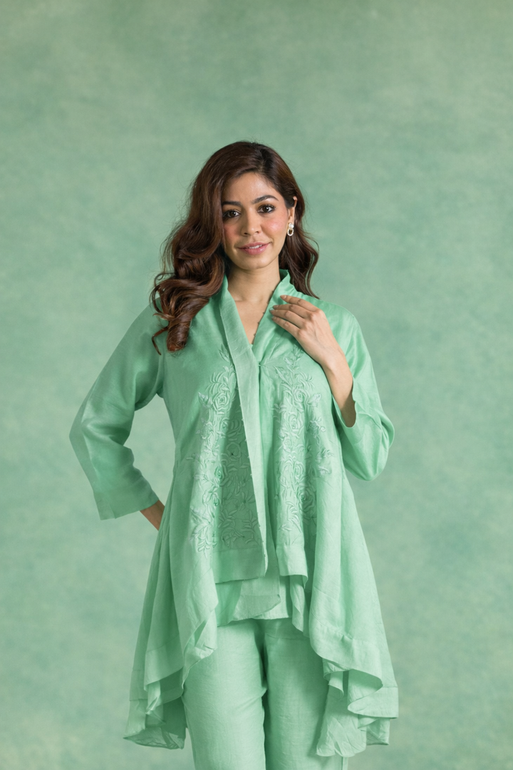 Mint Charm Embroidered Chanderi Kurta with Straight Pants and Slip - Set of 3