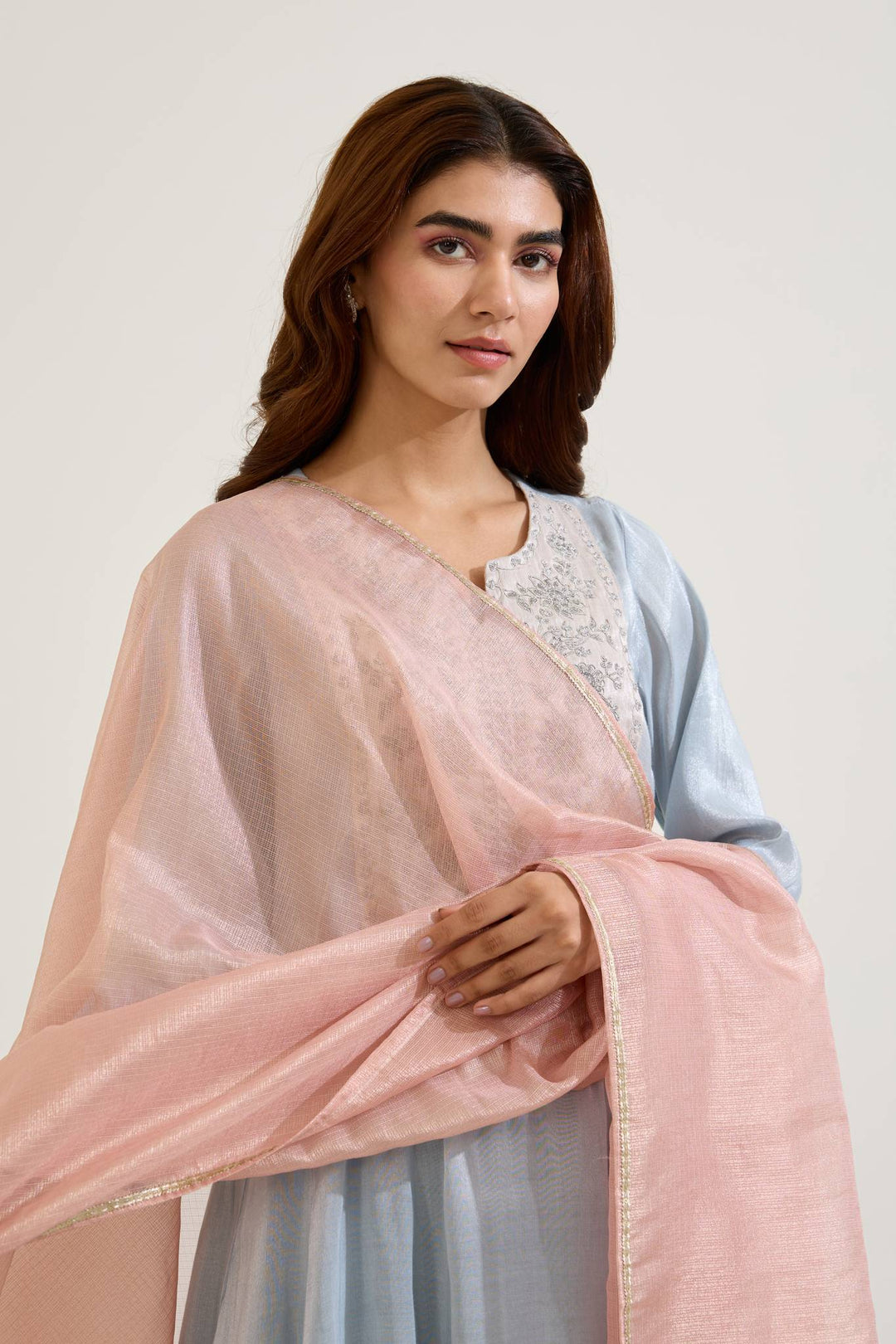 Sky Dori Tissue Anarkali with Narrow Pants and Dupatta - Set of 3