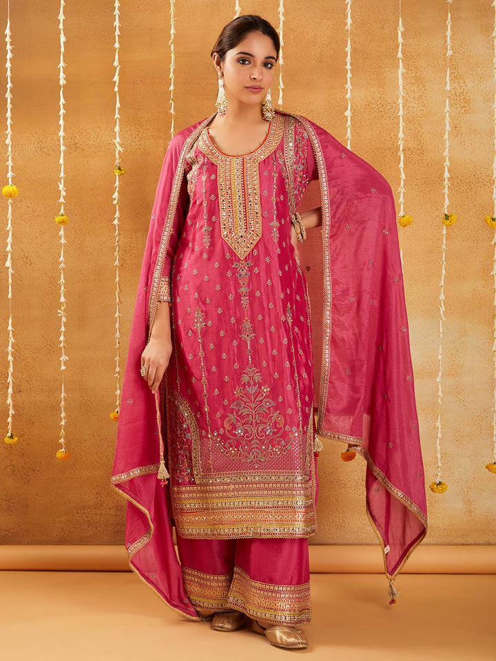 Rani Pink Embroidered Kurta Set with Dupatta - Set of 3