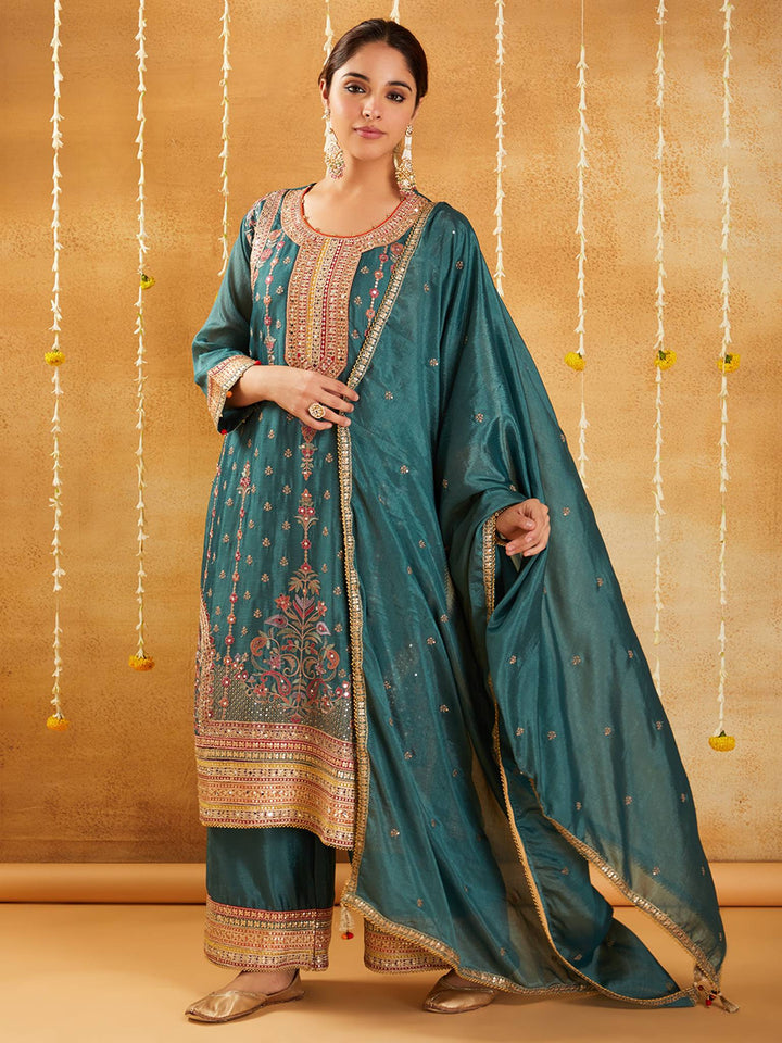 Emerald Green Embroidered Kurta Set with Dupatta - Set of 3