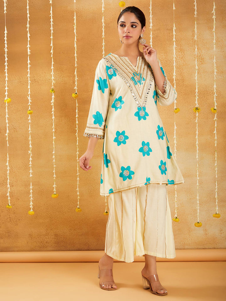Aqua Blossom Floral Kurta with Sharara Pants - Set of 2