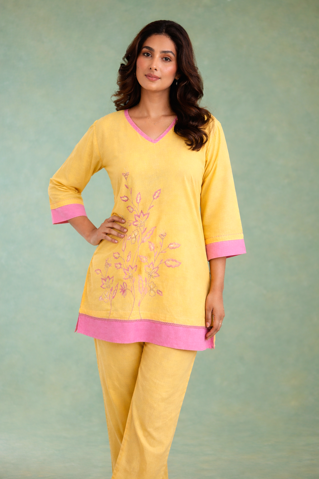 Yellow Pink Embroidered Handloom Linen Co-ord Set