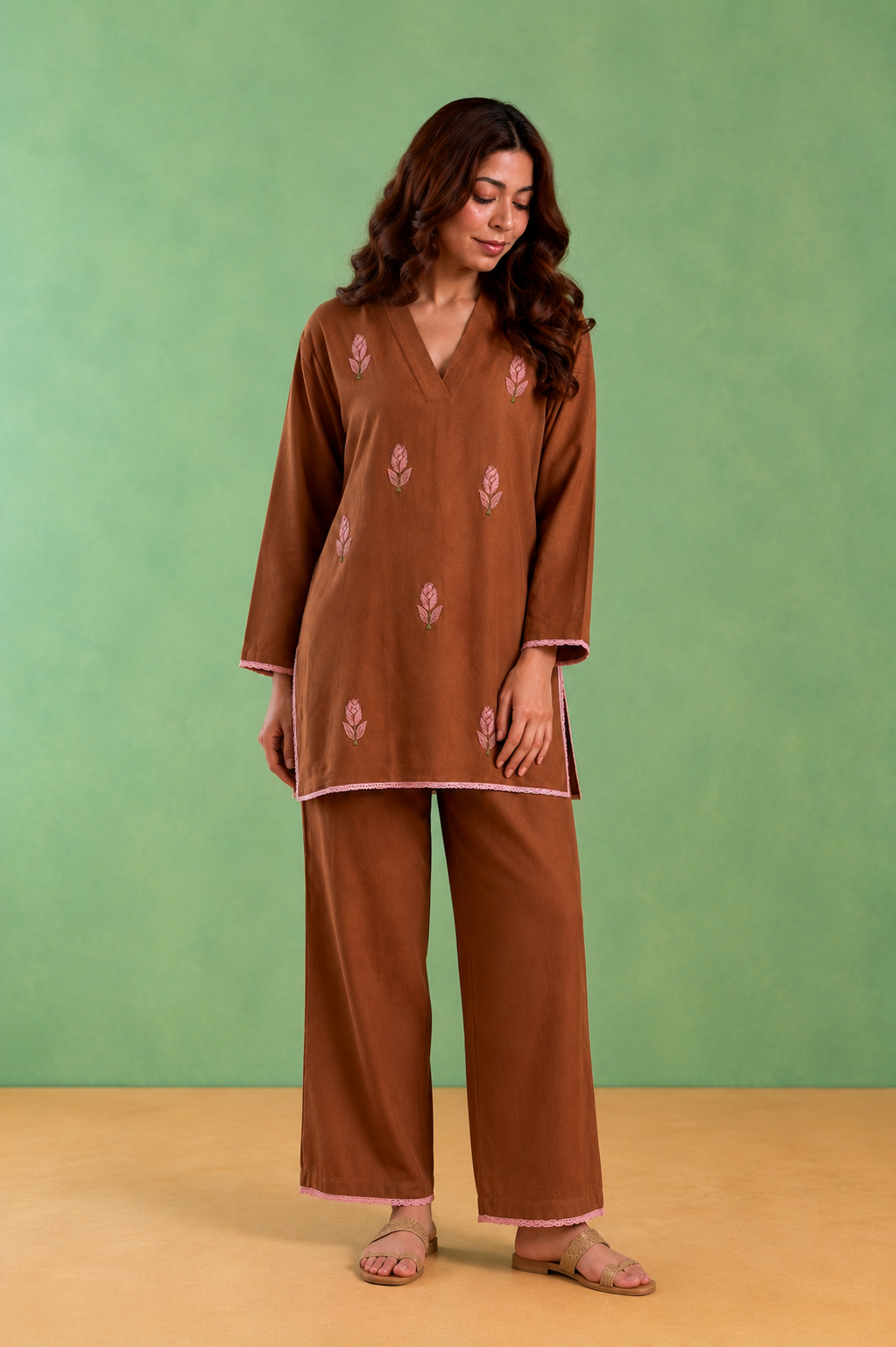 Brown Rose Embroidered Handloom Cotton Top