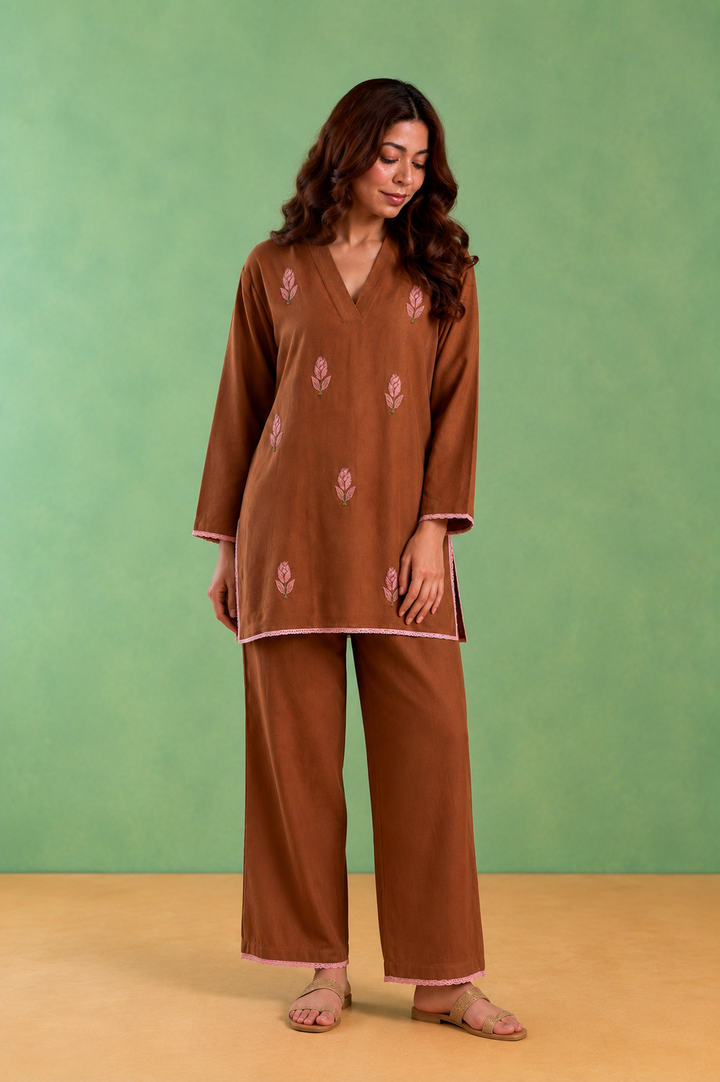 Brown Rose Embroidered Handloom Cotton Top