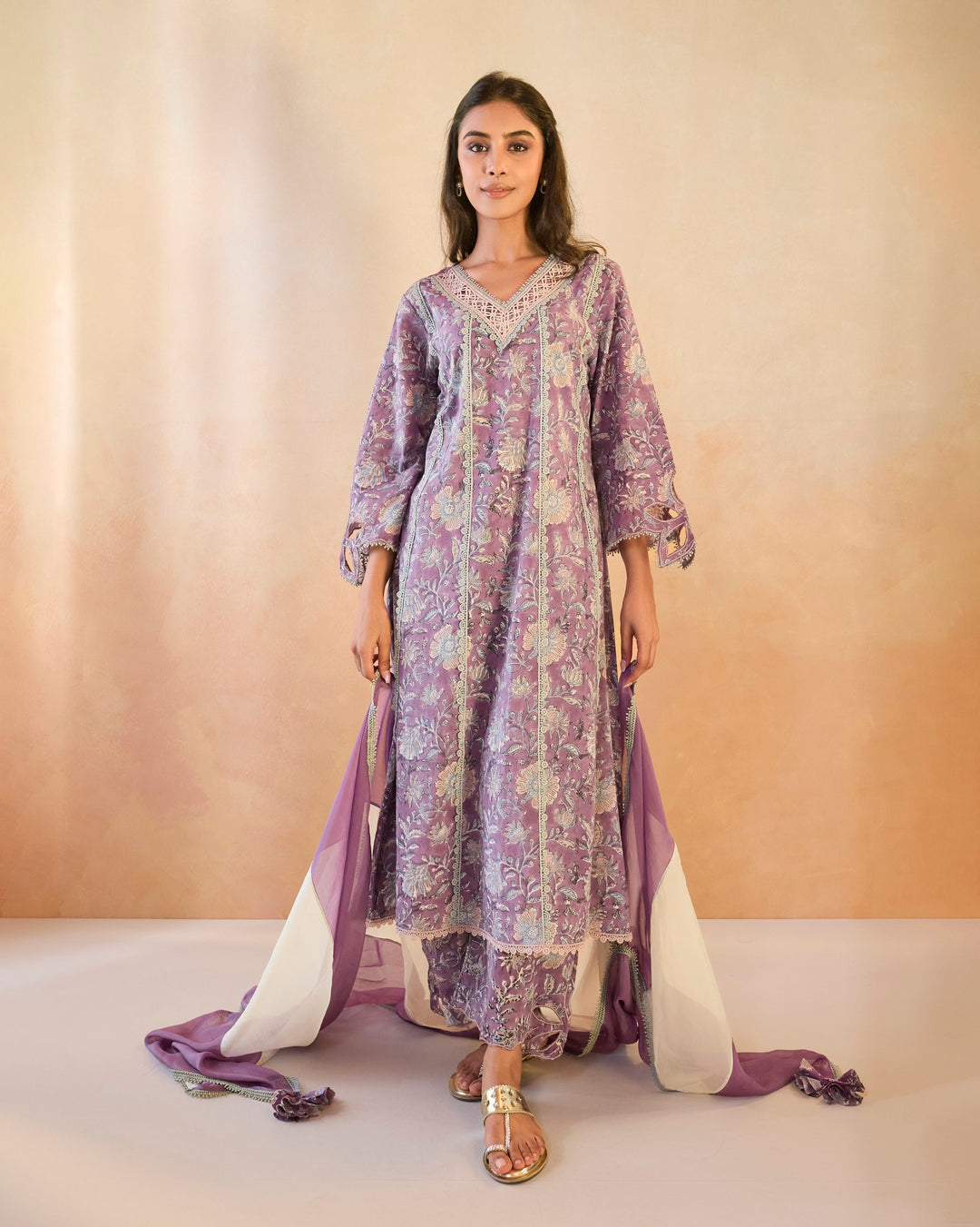 Mauve Chintz Cutwork Kurta with Wide Leg Pants - Set of 2