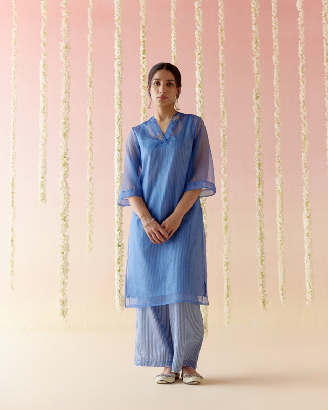 Sapphire Blue Kurta with Stripes Tissue Slip and Flared Pants - Set