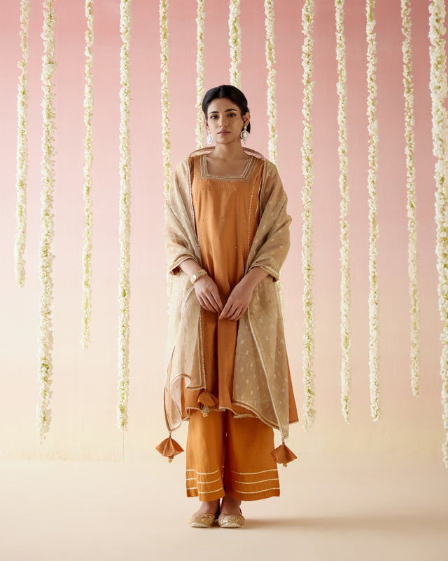 Rustic Burnt Orange Kurta with Wide Leg Pants - Set of 2