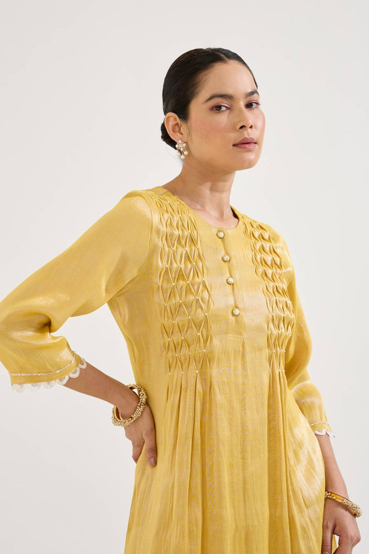 Golden Pearl Pintuck Tissue Kurta with Wide Leg Pants and Dupatta - Set of 3