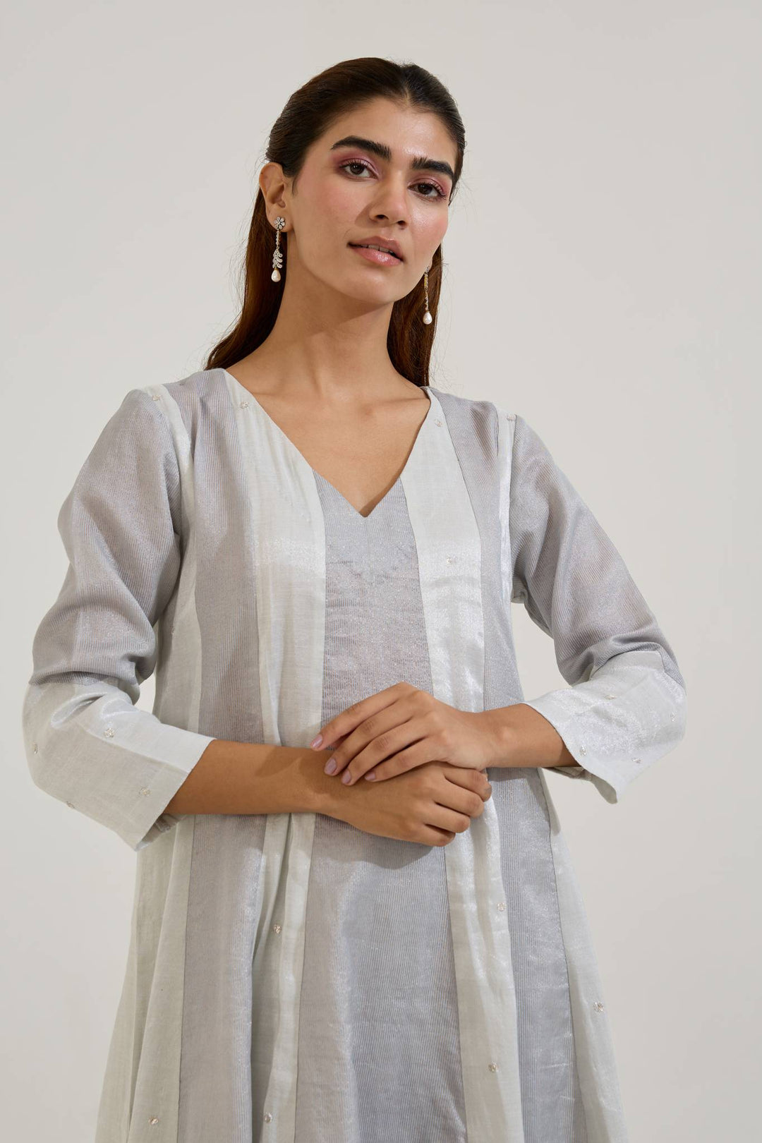 Silver Rose Panel Anarkali with Wide Leg Pants and Dupatta - Set of 3