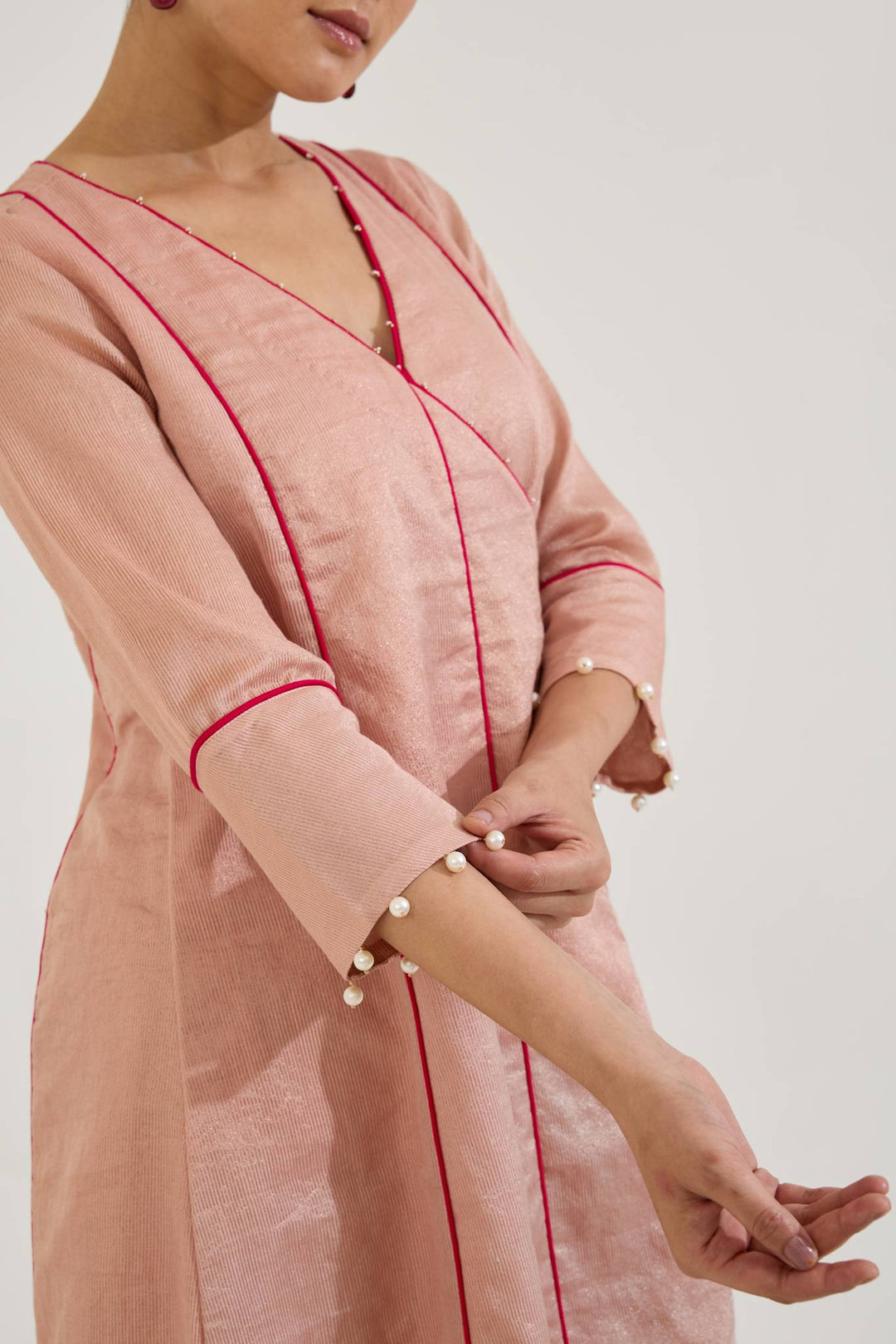 Pearl Pink Chanderi Stripe Angrakha with Narrow Pants and Dupatta - Set of 3