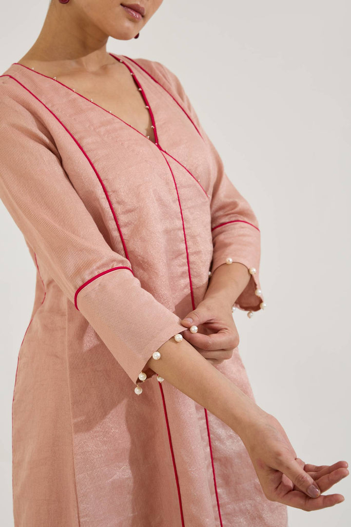 Pearl Pink Chanderi Stripe Angrakha with Narrow Pants and Dupatta - Set of 3