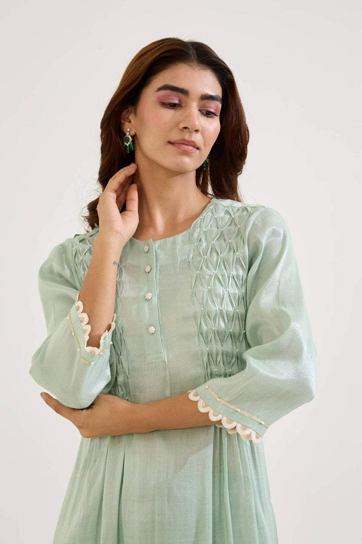 Mint Pearl Pintuck Tissue Kurta with Wide Leg Pants and Dupatta - Set of 3