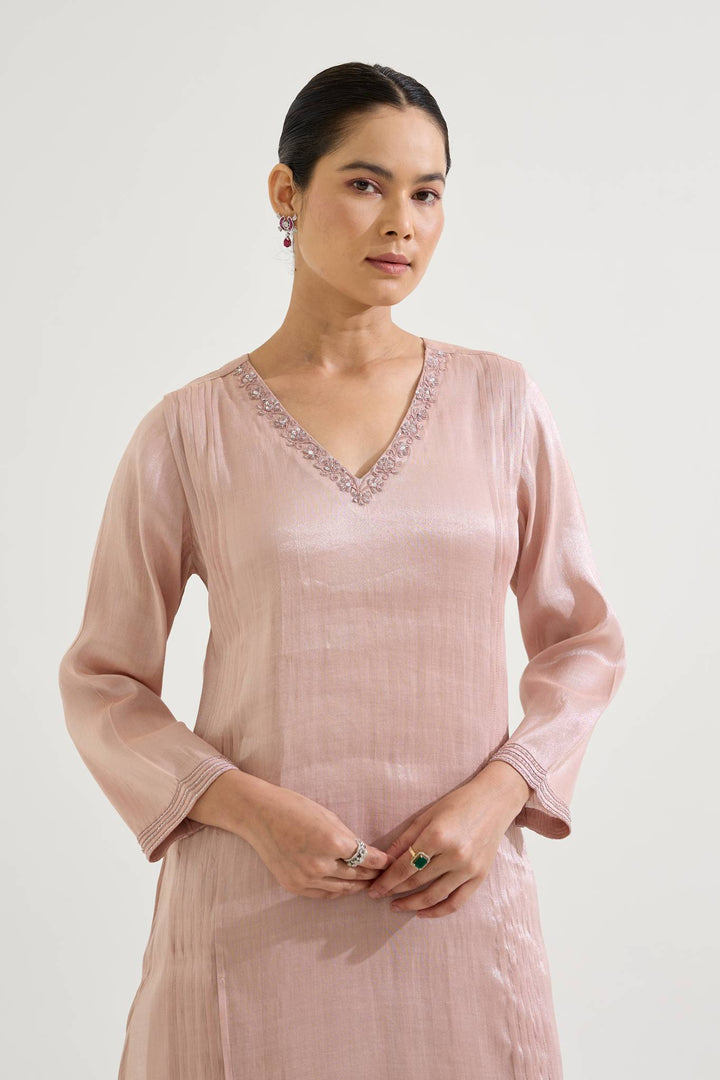 Rose Dori Tissue Kurta with Wide Leg Pants and Dupatta - Set of 3