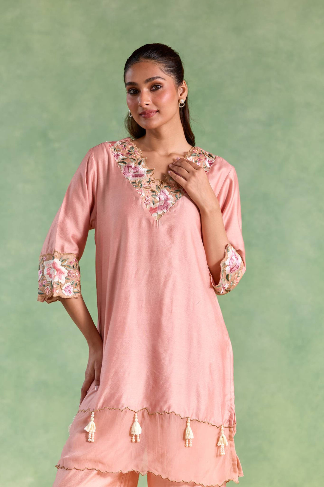 Soft Rose Embroidered Chanderi Kurta with Flared Pants and Dupatta - Set of 3