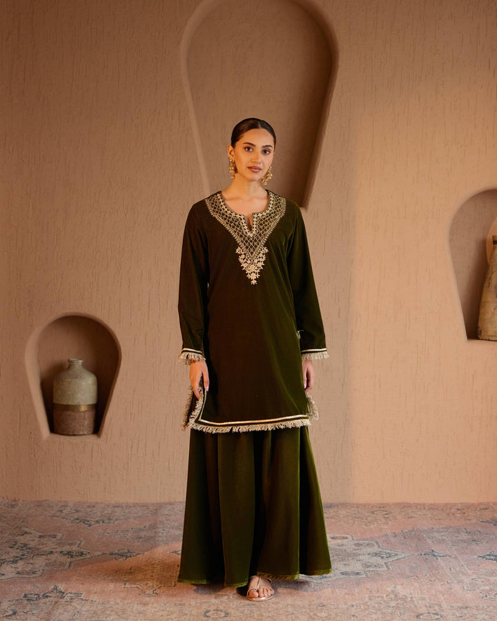 Olive Dori Velvet Kurta with Sharara Pants - Set of  2