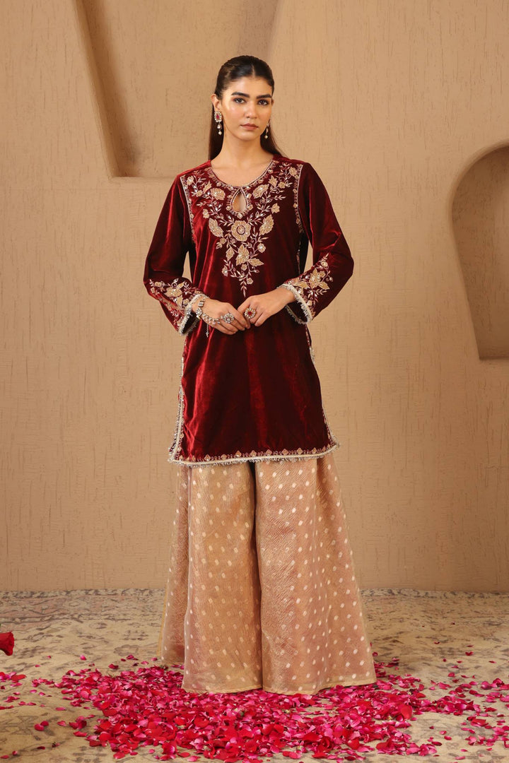 Maroon Floral Zari Velvet Kurta with Sharara and Dupatta - Set of 3